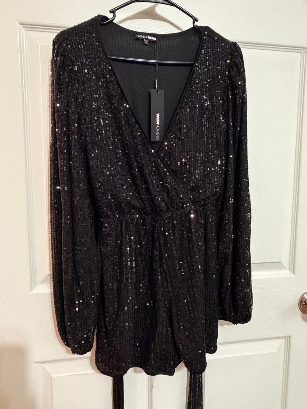 Fashion Nova Black Sequin Long Sleeve Wrap Dress